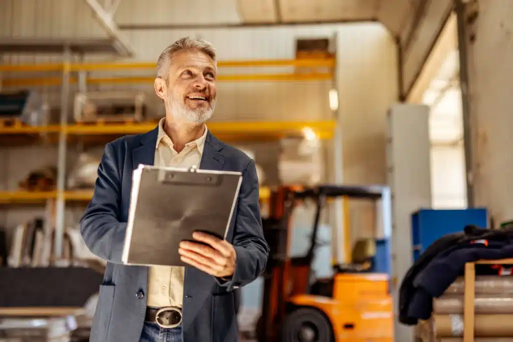 A senior business professional standing in a warehouse, holding documents and smiling confidently. The background features industrial equipment and shelves, indicating an organized and professional workplace environment.