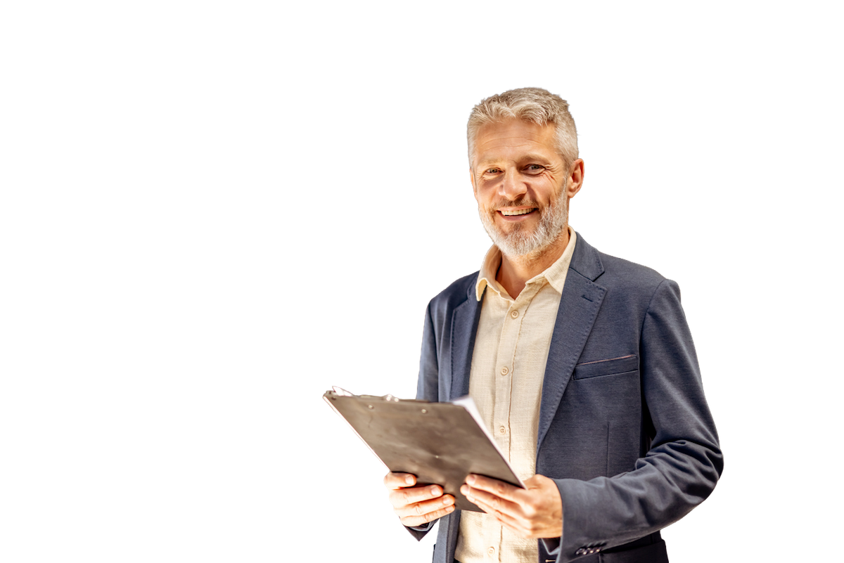 A cut-out portrait of a man checking his warehouse inventory
